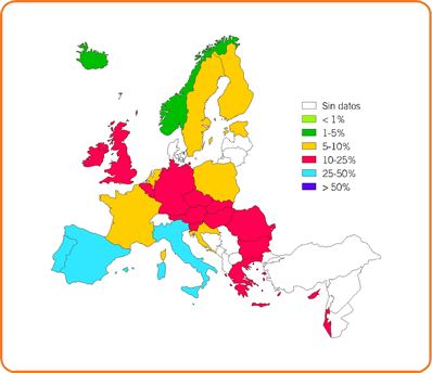 Figura 5- Distribución de la resistencia a ciprofloxacino en Escherichia coli aislados de sangre en distintos países europeos (EARSS, 2004)